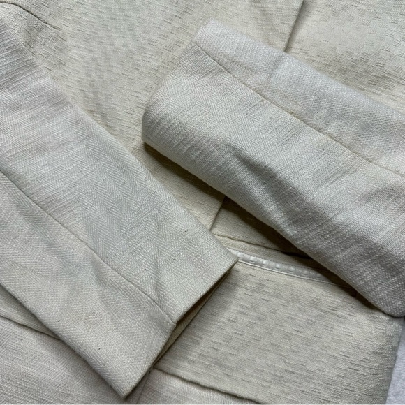 Maje Linen Blend Moto Jacket Blazer With Braided Faux Leather Shoulders in Cream - Picture 8 of 16